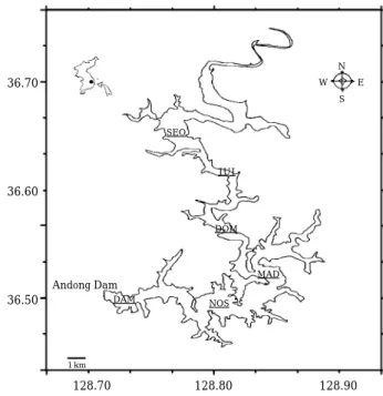 Fig. 1. Map showing sampling stations in Andong Reser- Reser-voir. DAM: Dam site, 0.5 km upstream from dam;