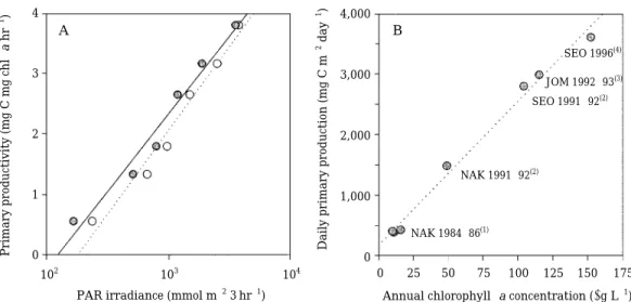 Fig. 6. Primary production as a linear function of total received irradiance (A) and interannual trends of phytoplankton production in the freshwaters of the Nakdong River Estuary (B)