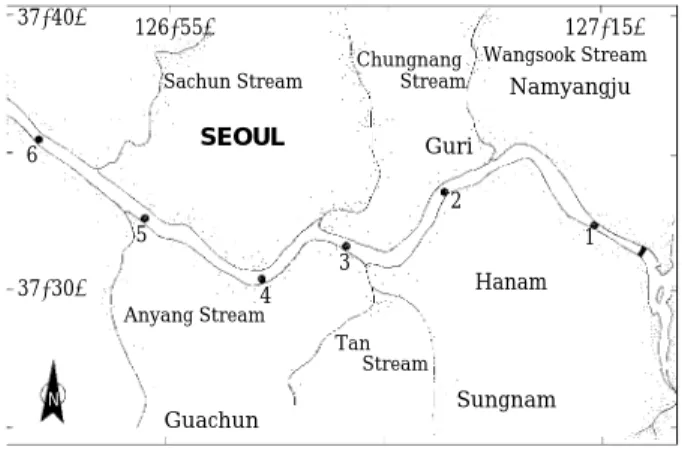Fig. 1. Map showing the sampling stations in the lower part of the Han River. 
