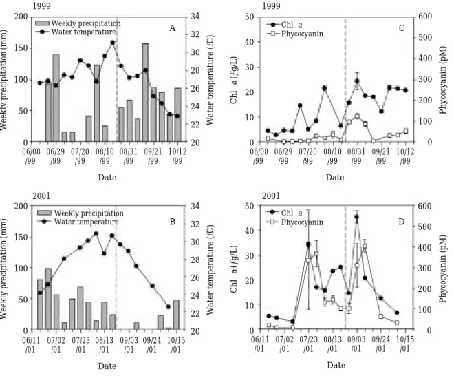 Fig. 3. Weekly precipitation and water temperature in 1999 (A) and 2001 (B), and concentrations of chlorophyll-a and phy- phy-cocyanin in 1999 (C) and 2001 (D)