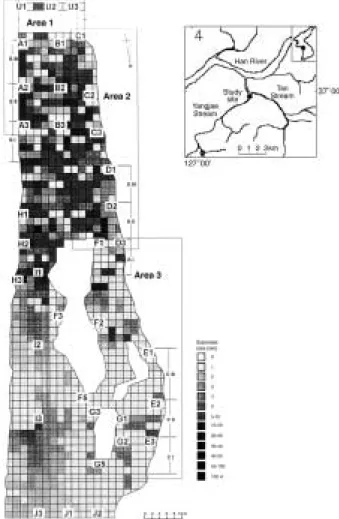 Fig. 1. Map of the sampling sites at the Hakyeoul reach in the Yangjae stream, Han River (Surveyed in March, 1996).