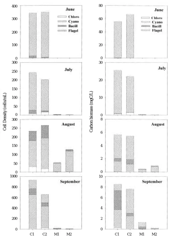 Fig. 2. Phytoplankton density and carbon biomass in different treatments (C1: control 1, C2: control 2, M1: mussel addition 1, M2: mussel addition 2) of feeding experiment in Lake Soyang between June and September 2000.