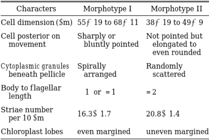 Table 1. A comparison of two Euglena viridis morpho- morpho-types in urban drainages in Korea.