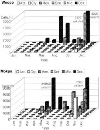 Fig. 5. Percentage contribution of different algal groups to  total  standing  crops  in  Woopo  and  Mokpo swamps.