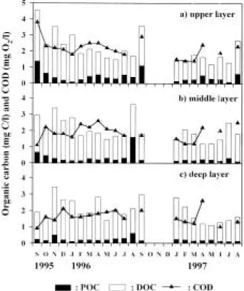 Fig. 2. Seasonal changes of rainfall, POC, DOC, TOC concentrations and COD Mn in the inf lowing river into Lake Soyang from April 1995 to October 1996.