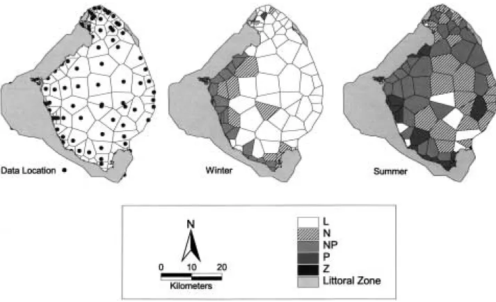 Fig. 4. Spatial distribution of limiting factors in Lake Okeechobee based on TSI differences, an 80 station monitoring network, and GIS methods