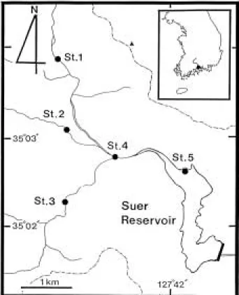 Fig. 1. Map showing the investigated stations at the Suer stream in Kwangyang.