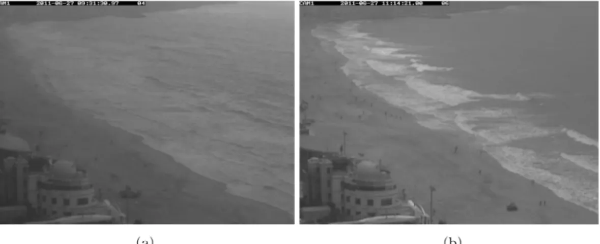 Fig. 5 CCTV image of a rip current event occurred at Haeundae beach and its snapshots at (a) 09:30 and (b) 11:14 am of the 26th June, 2011