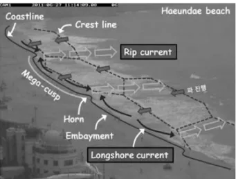 Fig. 11 Rip current generation due to honeycomb pattern incident wave sketched over the image of 11:14 am, the 27th of June, 2011