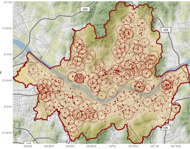 Figure 1: Catchment areas of 1 km radius 
