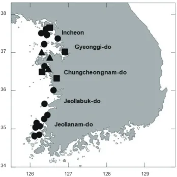 Fig. 1. Sampling stations of shellfish (●), crustacean (■) and fish  (▲) of West coast of South Korea.