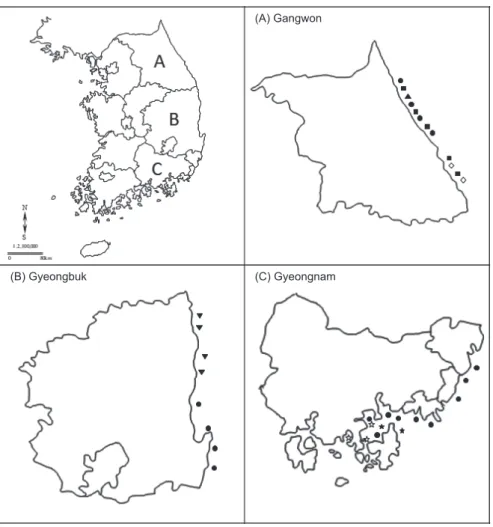 Fig. 1. Sampling stations of shellfishes from the Korean coastal area. ●, Mussel; ■, Scallop; ▲, Equilatera venus; ◇, Abalone; ▼, Sea squirt; 