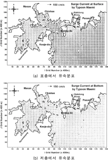 그림 17. 2003년  9월 12일 22시 폭풍류의 유속분포