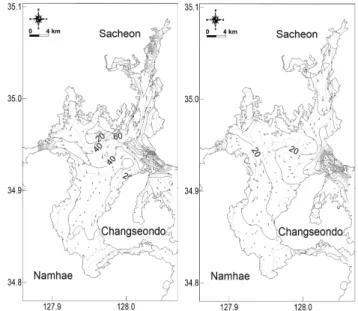 Fig.  7.  Simulated  maximum  current  vector  field  computed  in  Gangjin Bay during flood (left) and ebb (right) in spring tide  con-ditions