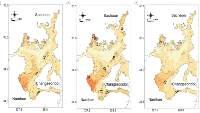 Fig. 8. Spatial distribution of averaged residence time of surface layer in Gangjin Bay during (a) normal, (b) rainy and (c) dry season