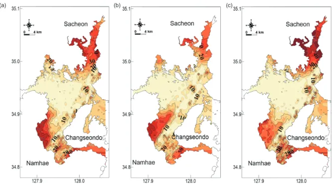 Fig. 9. Spatial distribution of averaged residence time of bottom layer in Gangjin Bay during (a) normal, (b) rainy and (c) dry season