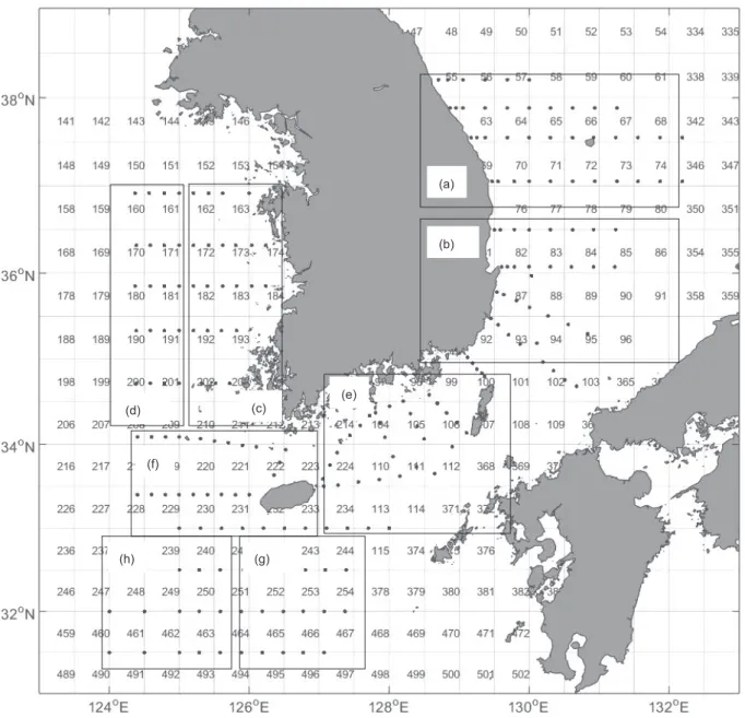 Fig. 1. The study area. The dots are KODC stations, the boxes and numbers are area of fish catch