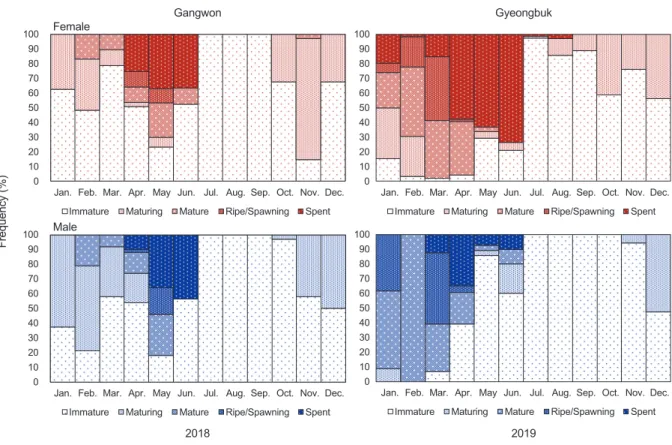 Fig. 7. Monthly changes in maturity stages female and male of the yellow striped flounder Pseudopleuronectes herzensteini in the coastal  waters off Gangwon and Gyeongbuk.