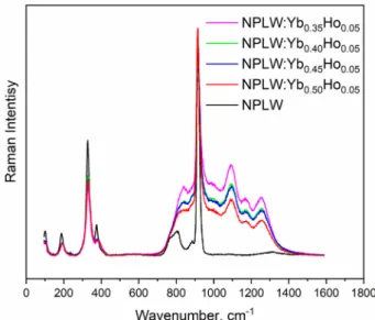 Fig. 7. Raman spectra of NPLW and NPLW:Yb 3+ ,Ho 3+  samples.