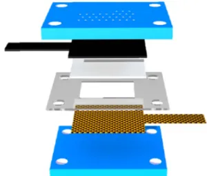Fig. 1. (a) Bottom cover (b) Ni current collector (c) Electrode container (d) Separator (e) Air cathode (f) Top cover (g) Bolt &amp;