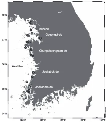 Fig. 1. Sampling sites of shellfish and shrimp Litopenaeus vanna- vanna-mei on the West Coast of Korea during the period May to October  in 2019