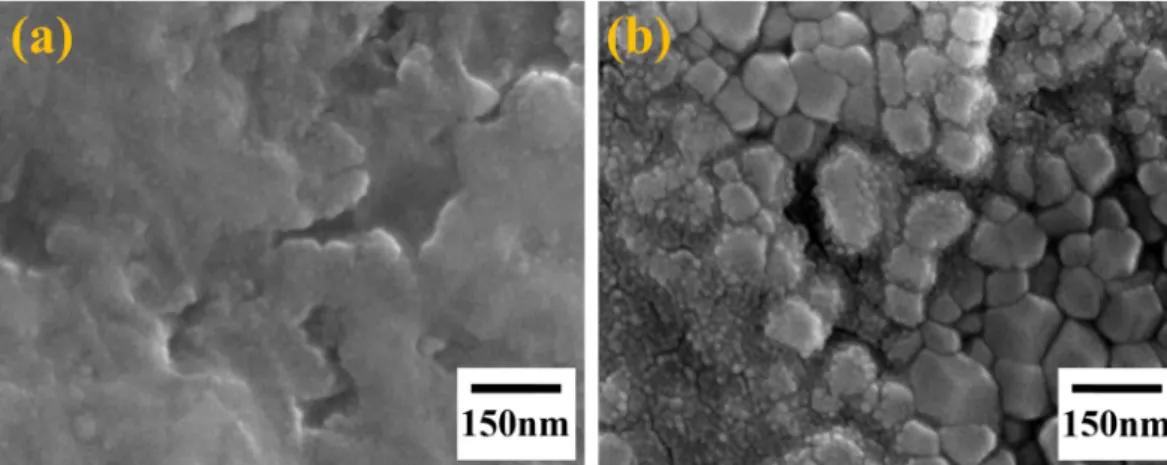 Fig. 3. SEM images of BT surface on ST (100), (110) (a) as-deposited and (b) heat treated at 900 o C for 5 h.