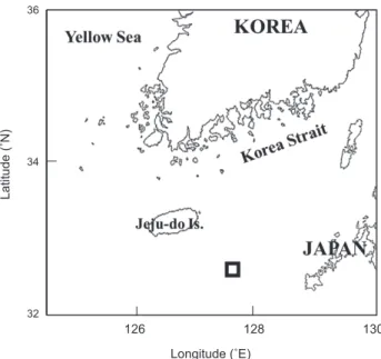 Fig. 1. Map showing the sampling area of Peristedion liorhynchus  juvenile in the south-eastern Jeju-do Island (fishing block 244-6,  32°45.532’ N, 127°22.856’ E).126 128 130363432Longitude (˚E)Latitude (˚N) (B) (C)(A)