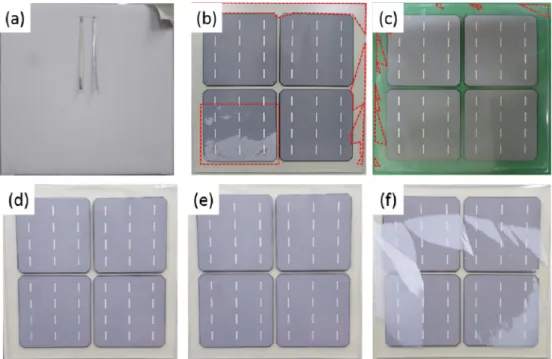 Fig. 3. Photograph of a module after backsheet peeling at different temperatures: (a) 60 o C, (b) 70 o C, (c) 80 o C, (d) 90 o C, (e) 100 o C, and (f) 110 o C.