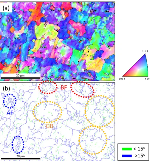 Fig. 5 에 H20 시편을 EBSD로 분석하여 역극점도(inverse pole figure map) 와  결정립계도(grain boundary map)로 나타내었다