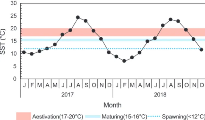 Fig. 9. Monthly mean sea surface temperature (SST) in the  coastal waters off Donghae-si, Gangwon-do