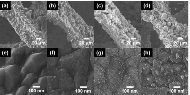 Fig. 2 은  순수한 NiCrAl alloy foam, 5NTO-NiCrAl, 10NTO-NiCrAl  및 15NTO-NiCrAl 의  전계  방사형  주사 전자 현미경의 저배율 및 고배율 이미지를 나타낸다