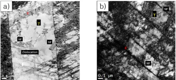 Fig. 7. Phase map showing the effect of cycle number on martensite formation in Fe-20Mn-12Cr-3Ni-3Si alloy: (a) 1 Cycle and (b) 3 Cycle.