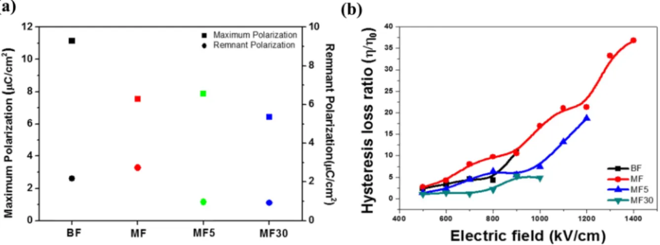 Fig. 8. (a) Energy density and (b) charge-discharge efficiency of BZN-PVDF composite film with the applied electric field.