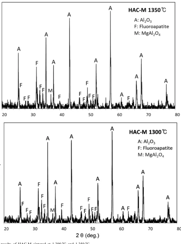 Fig. 5 와  6은  각각 1,300 o C 와 1,350 o C 에서  소결된 HAC-M 의 SEM 분석결과를 보여준다.  두  경우 다 HAC