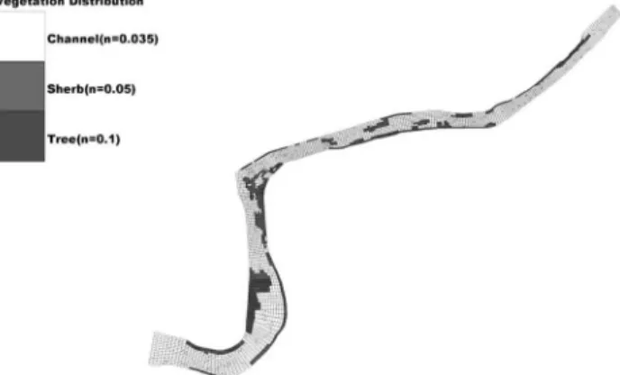 Fig. 7 Finite element mesh assigned different roughness coefficients considering vegetative distribution Table 3