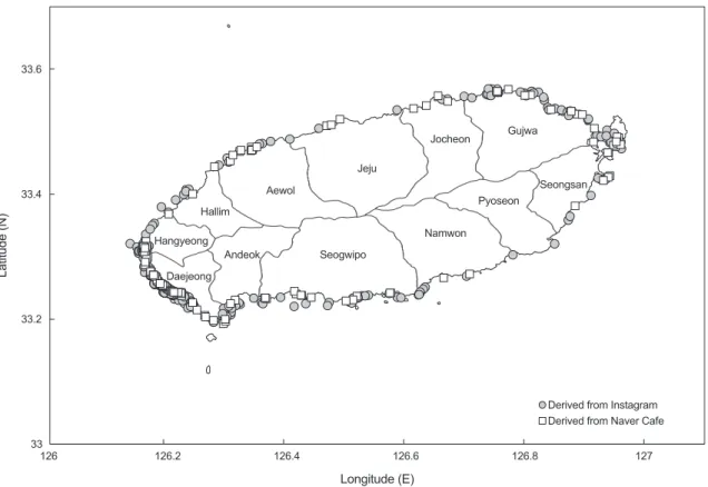 Fig. 2. Distribution status of Indo-Pacific bottlenose dolphins Tursiops aduncus  around the Jeju Island, data derived from Naver café and  Instagram