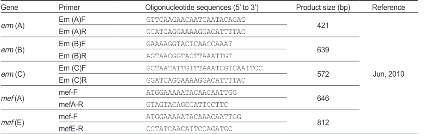 Table 2. Primers and expected sizes of PCR products of various erm / mef genes