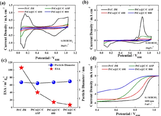 Fig. 4. (a) CVs, (b) CO stripping curves, (c) ESAs and average particle diameters, and (d) ORR polarization curves for commercial Pt/