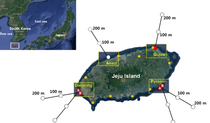 Fig. 1. Sampling locations (white and red circles) used in this study. Note that six and three locations for Daejeong and Pyoseon and for  Gujwa and Aewol (control), respectively