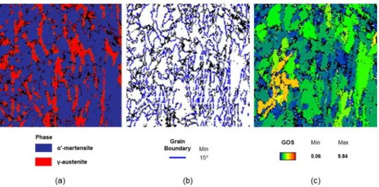 Fig. 5. EBSD figures in the X-D plane of (a) phase map, (b) boundary map, and (c) GOS(grain orientation spread) map of the 3D printed H13 steel specimen.