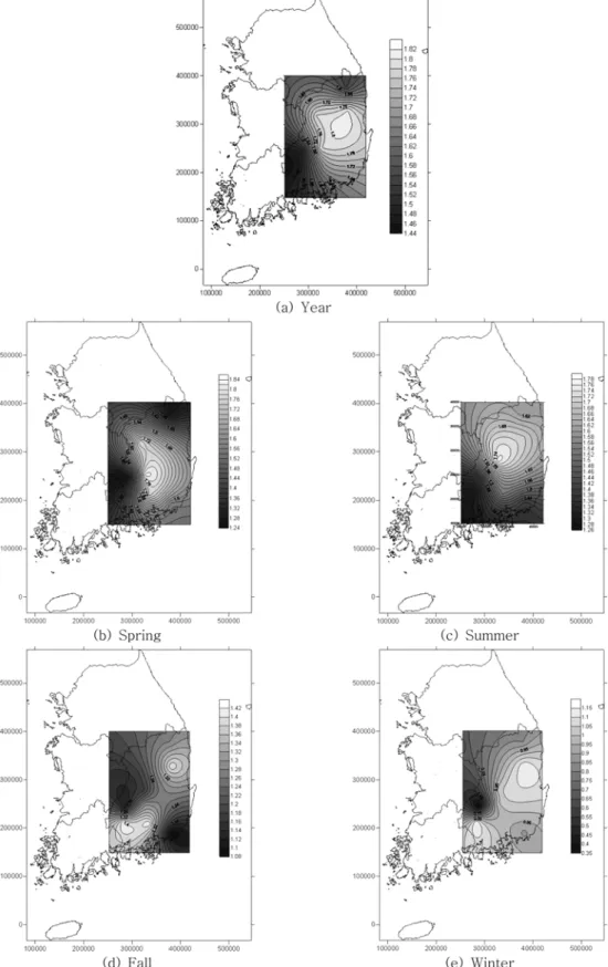 Fig. 5 Spatial distribution of precipitation-streamflow elasticity in Nakdong river watershed
