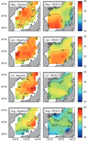 Fig. 10a. Four year mean salinity distribution from Aquarius salin- salin-ity (left panel) and from WOA13 2005-2012 (right panel) from  January to April