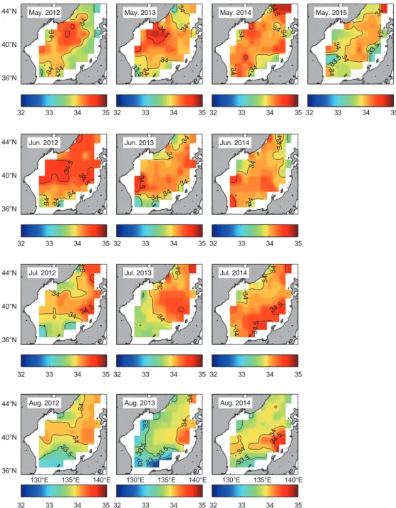 Fig. 4. Monthly Aquarius salinity distribution from January to April in 2012-2015.