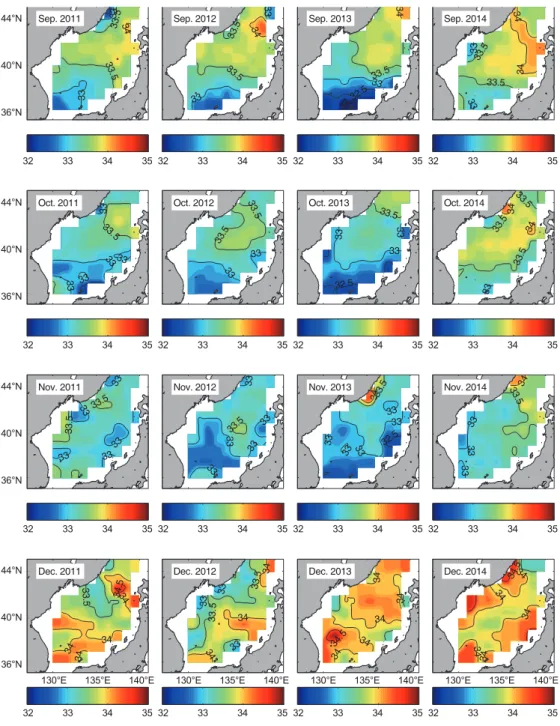 Fig. 9. Monthly Aquarius salinity distribution from September to December in 2011-2014.