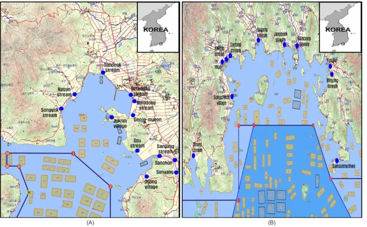 Fig. 1. Sampling locations of inland pollution sources from the Hansan-Geojeman (A) and Jaranman-Saryangdo (B) area.