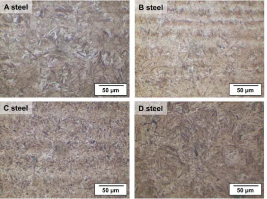 Fig. 1. Optical micrographs of the as-received A, B, C, and D steels.