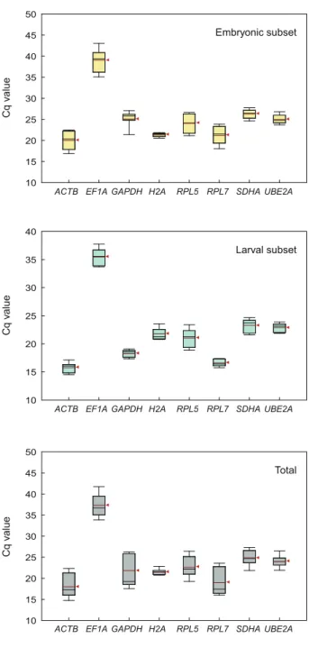 Fig. 1. Expression profiles (Cq values) of eight housekeeping gene  candidates in embryonic and larval subsets, and also in combined  set