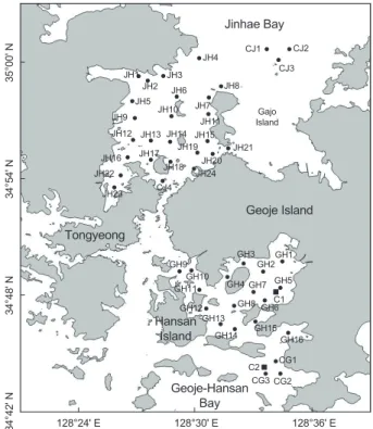 Fig. 1. Sampling locations of surface sediments and porewater  from Jinhae Bay and Geoje-Hansan Bay, Korea