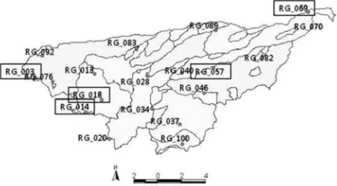 Fig. 1 The Walnut Gulch Experimental Watershed with locations of each surface soil moisture sensor (Soil Moisture Experiments in 2004)