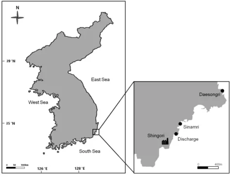 Fig. 1. A map of three study site and the location of Shingori nuclear power plant in Korea.